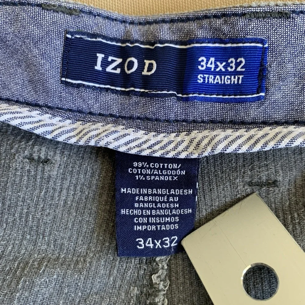 IZOD Corduroy Pants Mens Straight‎ Fit Charcoal Grey 34x32 Cotton Stretch Preppy